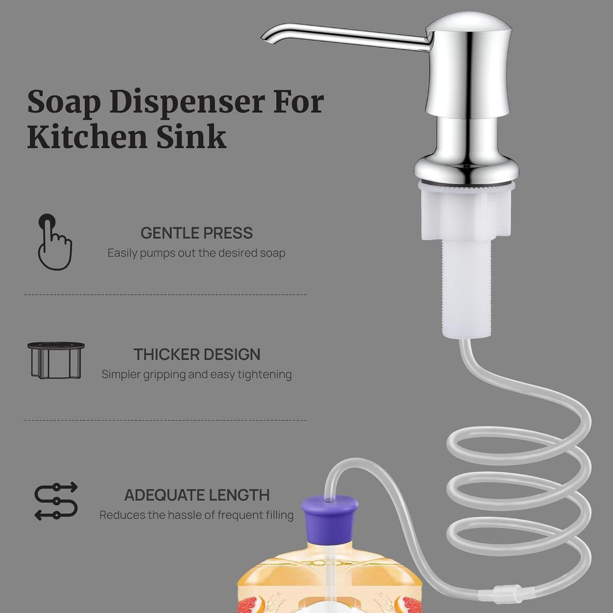 Sink Soap Dispenser for Kitchen Sink Chrome Upgrade with 40" Silicone Extension Tube Kit, Connect