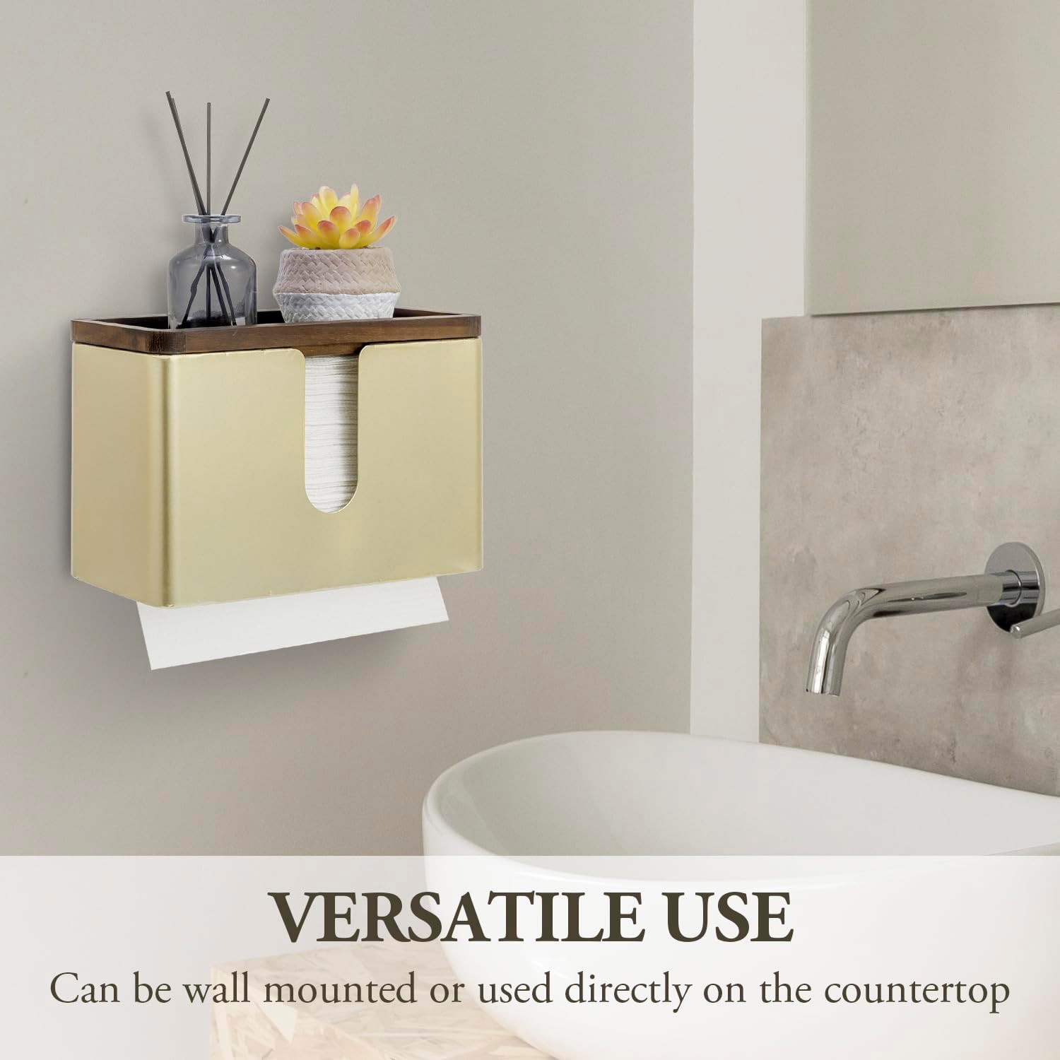 MyGift Deluxe Modern Brass Tone Metal Folded Commercial Paper Towel Holder with Burnt Solid Wood