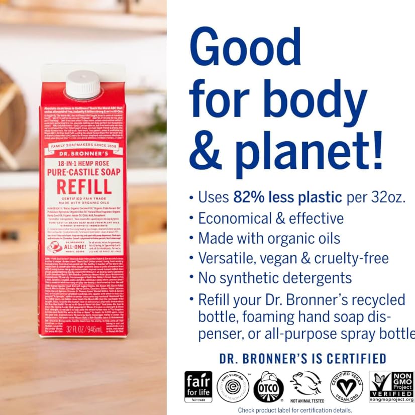 Dr. Bronner's Magic Soap-Pure-Castile Liquid Soap Refill (Rose 32 ounce, 2-Pack)-Regenerative