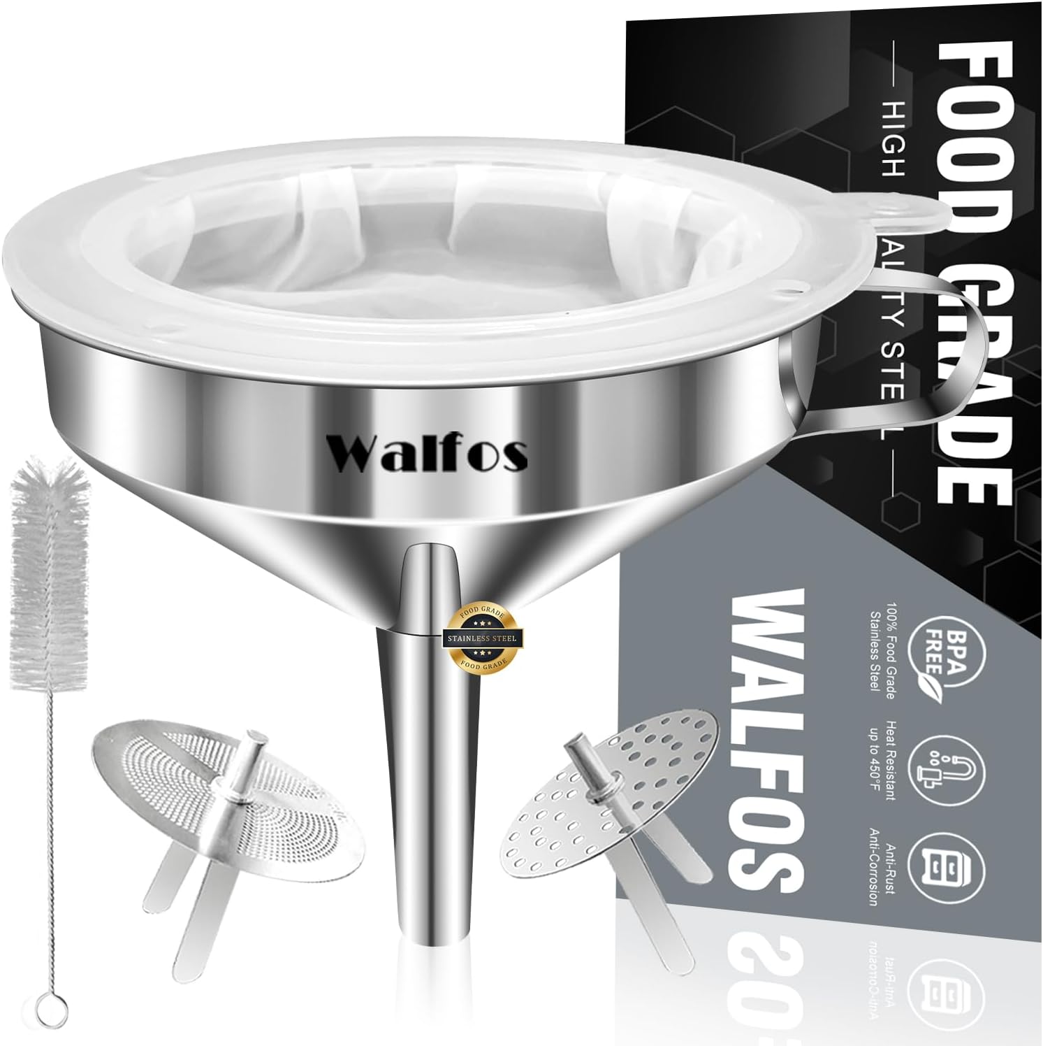 Stainless Steel Funnel, Walfos Kitchen Funnel with 2 Removable Strainer ＆ 1Pc Cleaning Brush