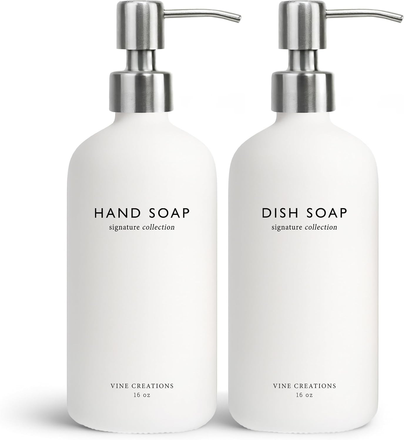 Vine Creations White Glass Soap Dispenser Set, Dish Soap and Hand Soap Dispenser Set with Stainless