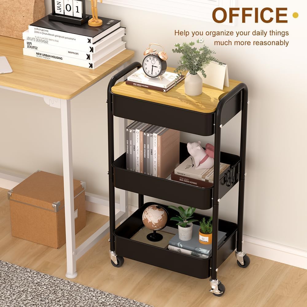 3 Tier Metal Utility Cart, Rolling Storage Cart with Wooden Tabletop, Metal Organizer Cart with