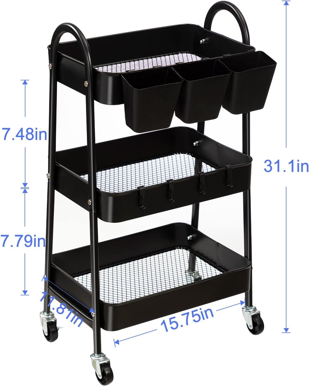 danpinera 3-Tier Rolling Cart, Metal Rolling Storage Cart with Lockable Wheels & Hanging Cups &