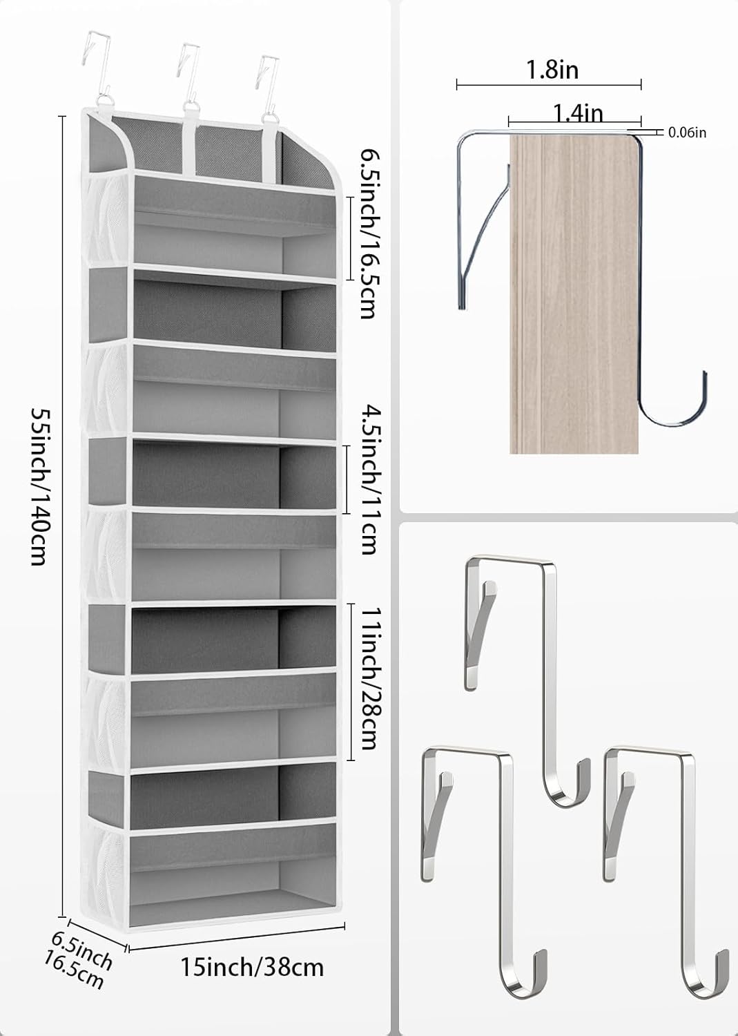 1 Pack Over The Door Storage Organizer with 5 Pockets 10 Mesh Side Pockets, 44 lbs Weight Capacity