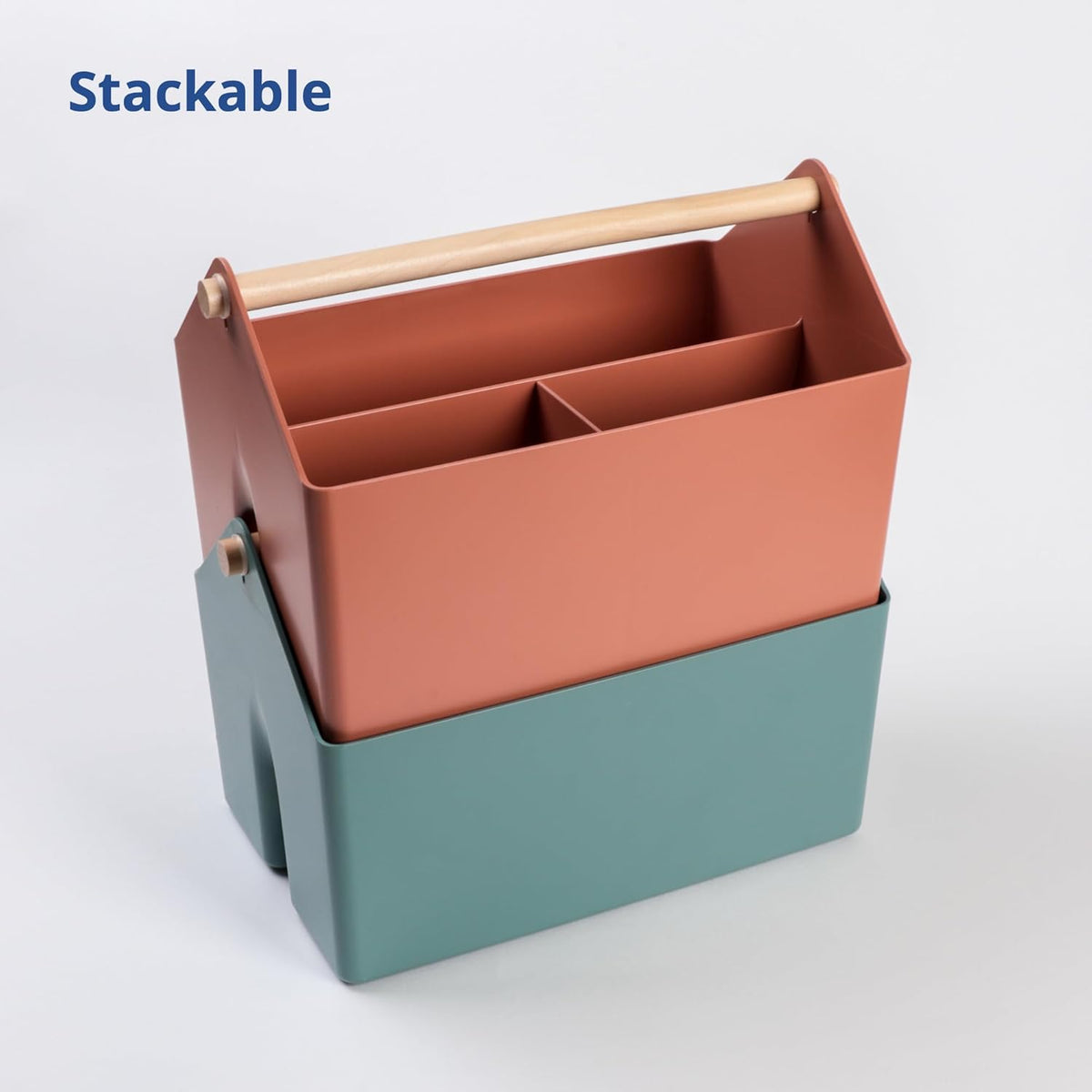 BLUE GINKGO Medium Storage Basket – Plastic Caddy with Wooden Handle for Office, Arts & Crafts, or