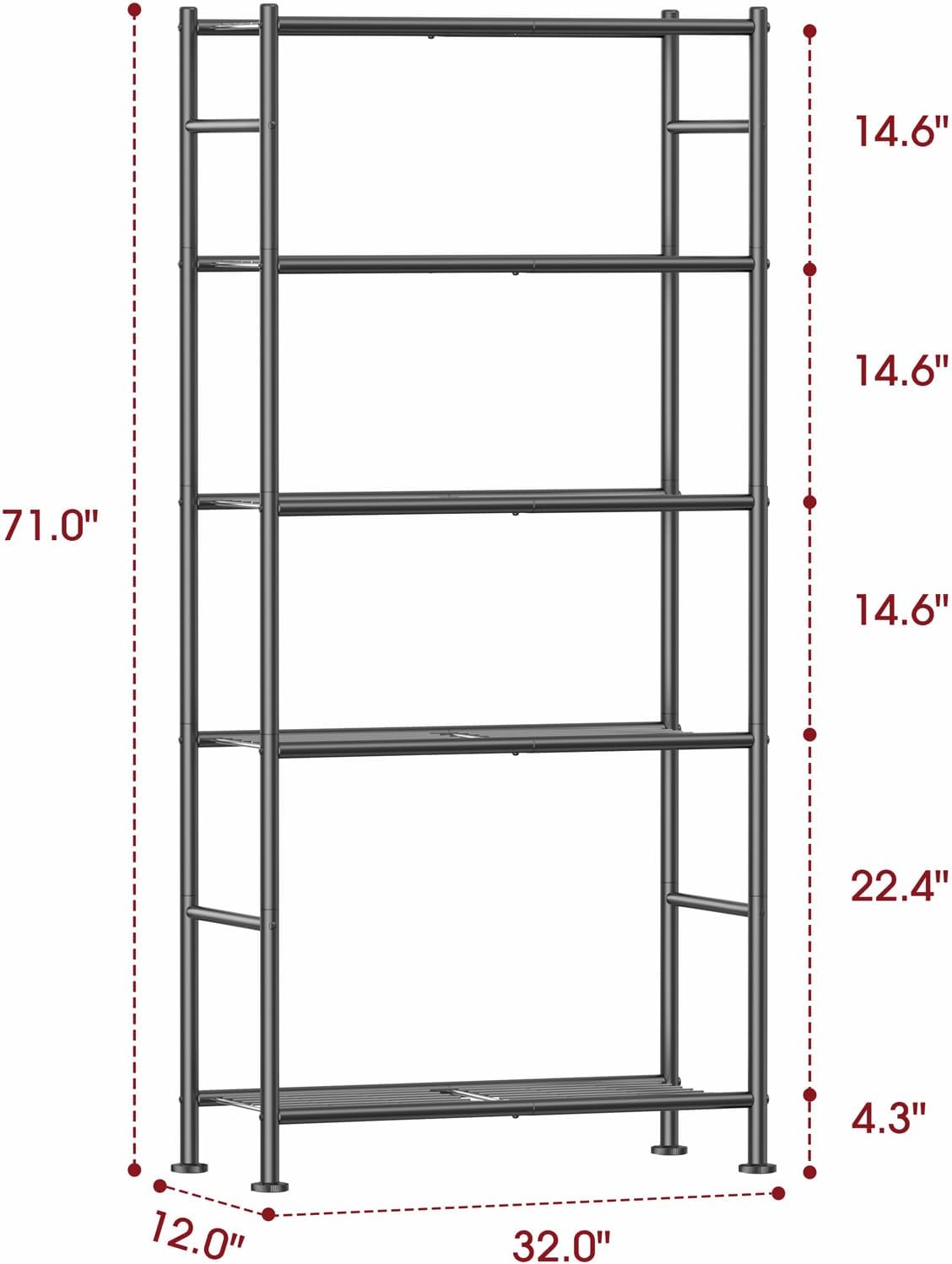 Storage Shelves - 5 Tier Shelf Organizer, Sturdy Metal Garage Shelving with Adjustable Leveling