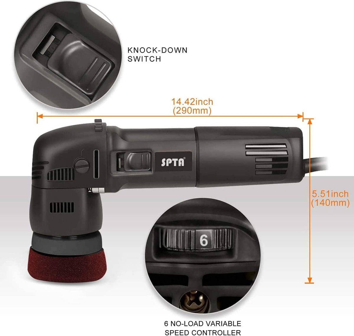SPTA Mini Orbital Polisher - 3 Inch 10mm/780W Variable Speed Dual Action With Polishing Pads