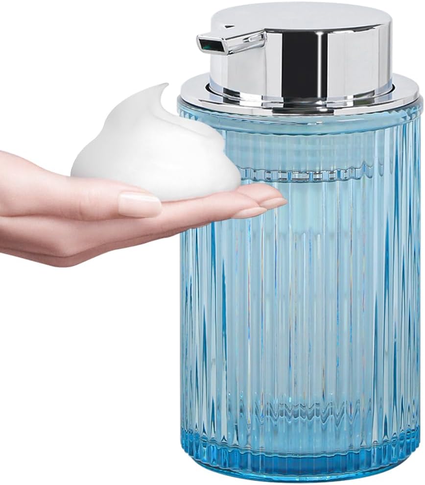 Purple Foaming Soap Dispenser, 12 Oz Glass Foaming Hand Soap Dispenser with Silver Pump, Bathroom