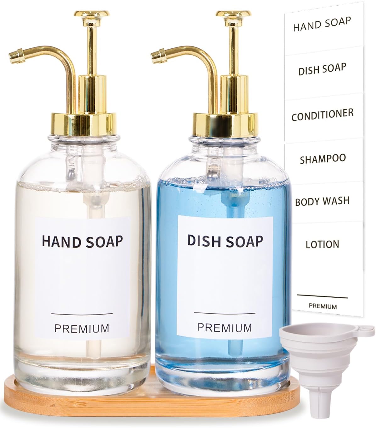 Dish Soap Dispenser for Kitchen, Hand Glass Soap Dispenser Set with Pump, Tray, Funnel for