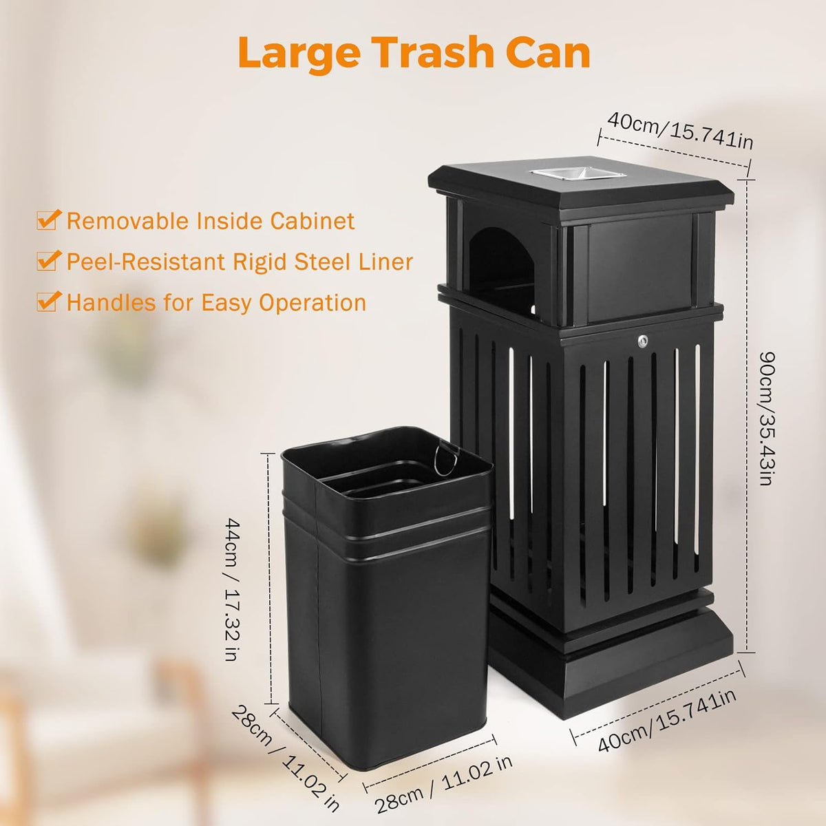 BEAMNOVA Trash Can Outdoor Top Tray Matte Black Stainless Steel Commercial Garbage Enclosure with