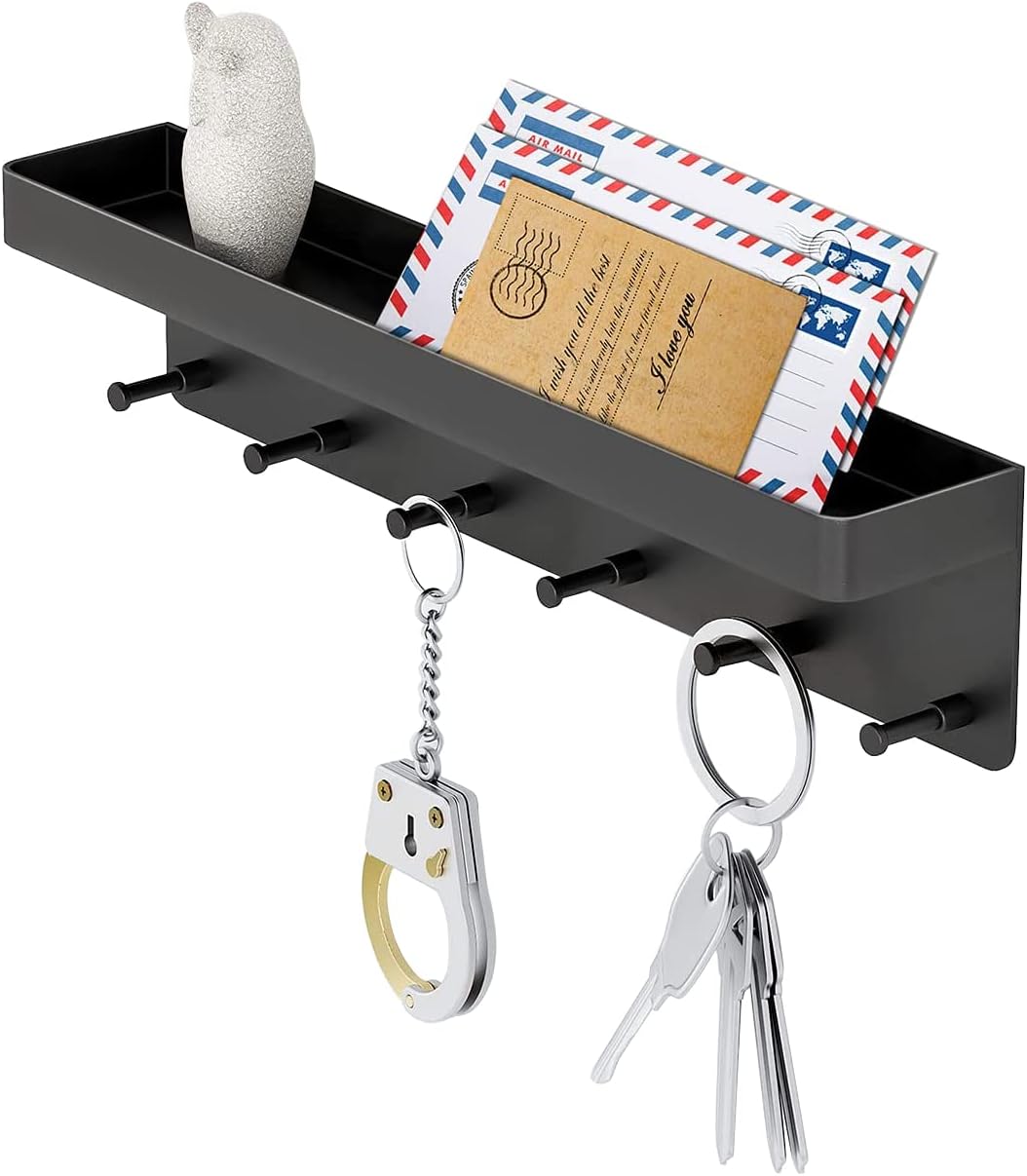 MKO Key Holder Wall Mount, Key Holder Wall Mount Adhesive with Mail Organizer Tray with 6 Key Hooks