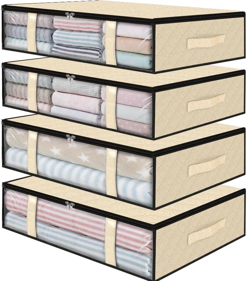 StorageRight Under Bed Storage Bins, 4-Pack 40L Foldable Fabric Storage Bags with Transparent