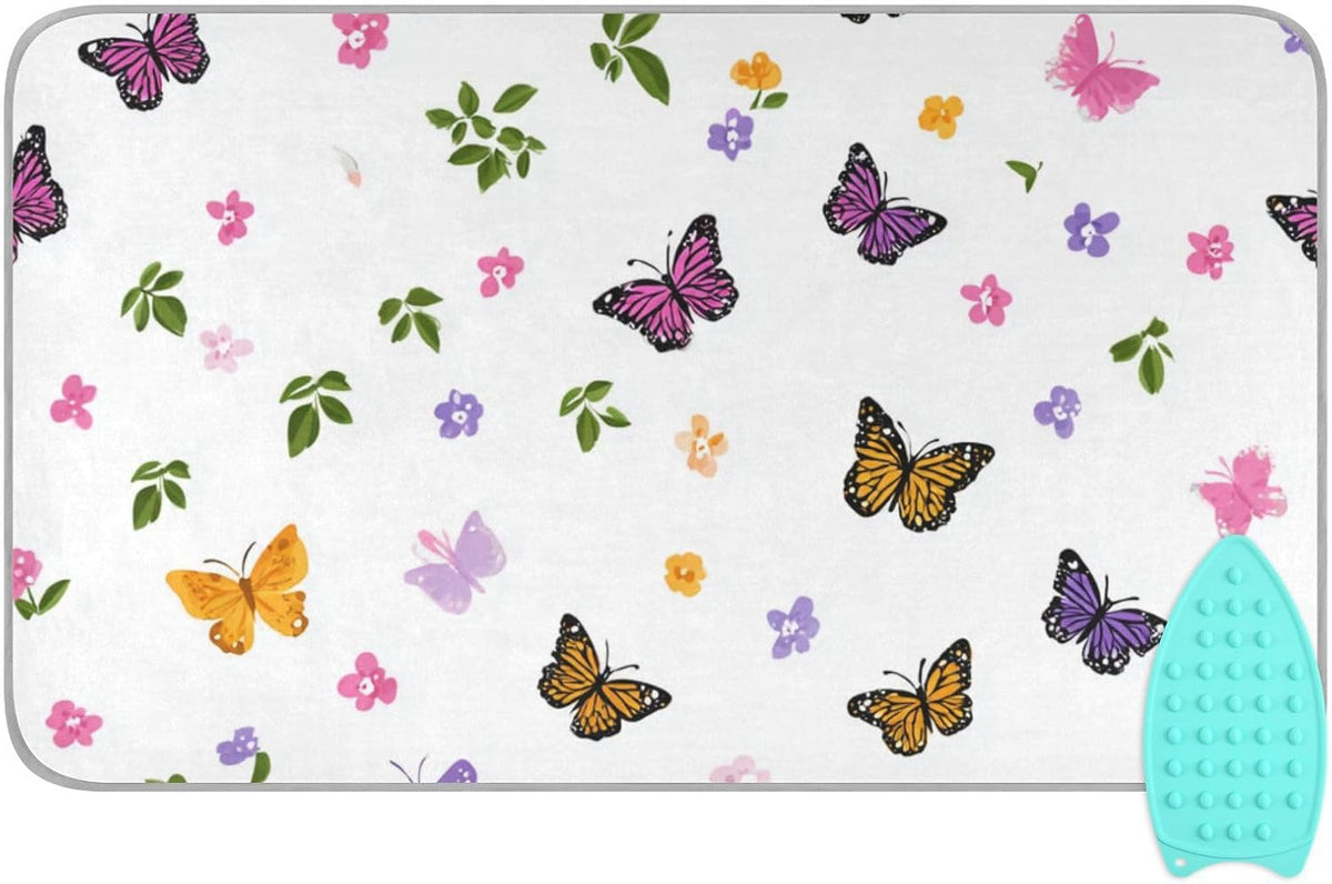 Pretty Butterfly Flower Ironing Mat for Table top Portable Ironing Pad Blanket for Washer Dryer