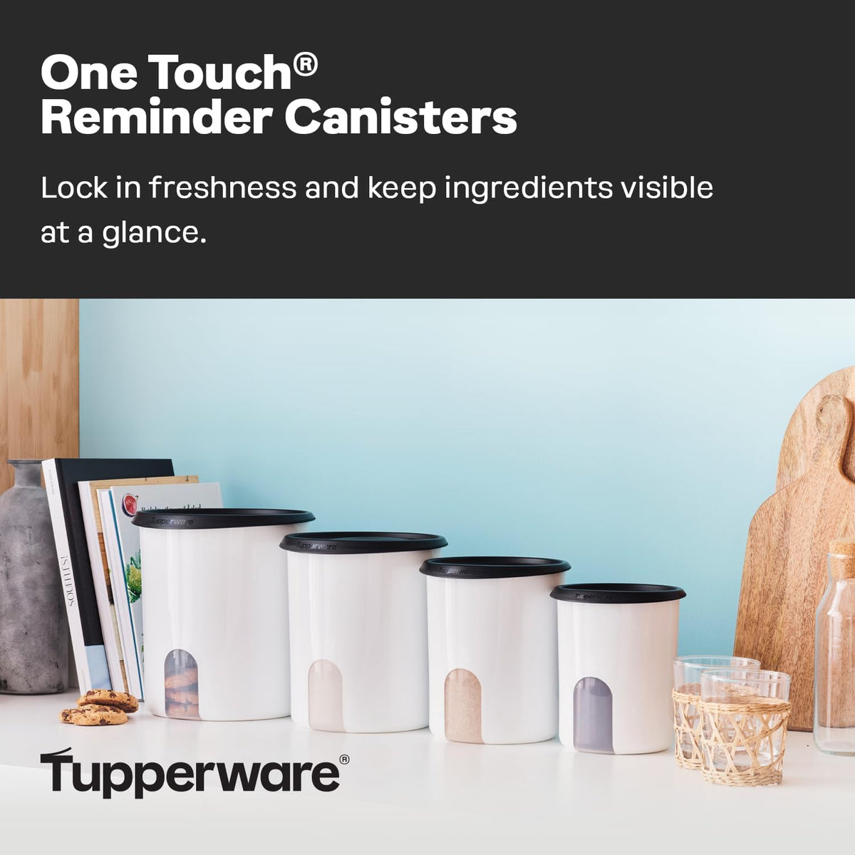 Tupperware One Touch Reminder Canisters 4 Canister Food Storage Set, Dishwasher Safe and BPA Free