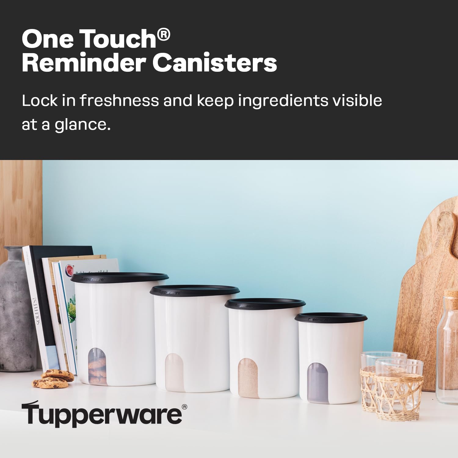 Tupperware One Touch Reminder Canisters 4 Canister Food Storage Set, Dishwasher Safe and BPA Free