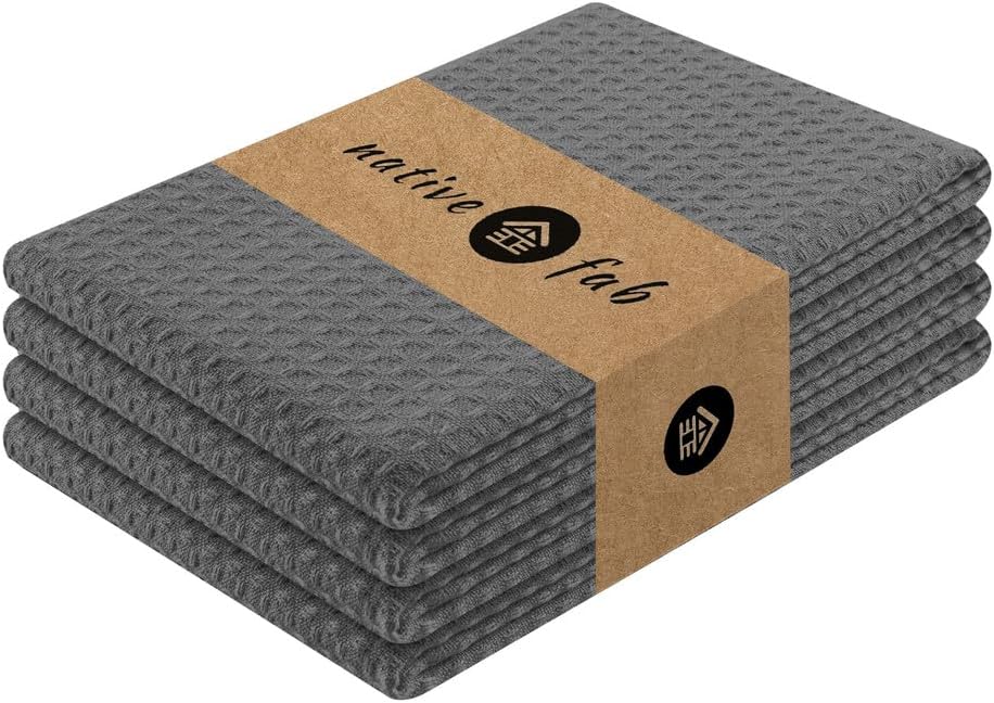 Native Fab Cotton Kitchen Towel with Hanging Loop 16x26 inches, 4-Pack, Waffle Weave Kitchen Towels
