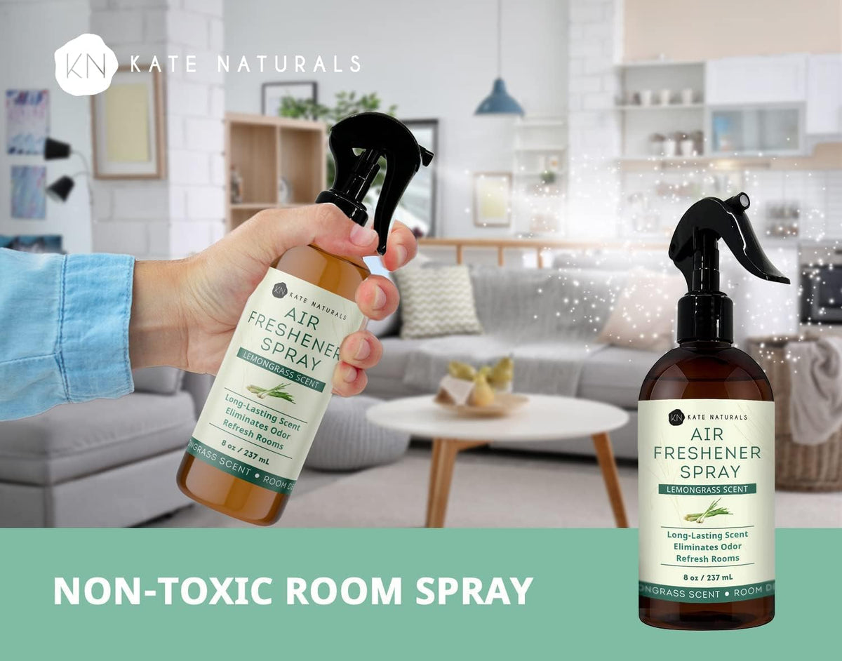 Kate Naturals Air Freshener Spray for Home. Lemongrass Essential Oil Odor Eliminator Room Freshener