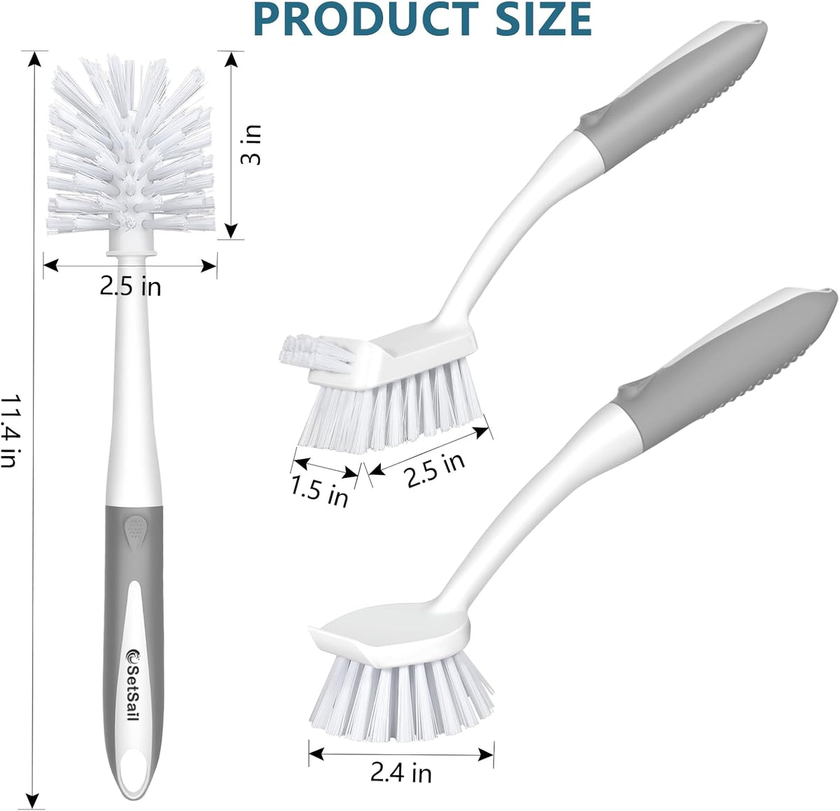 SetSail Dish Brush Set of 3 Piece, Dish Scrub Brush with Long Handle Deep Cleaning Brush with