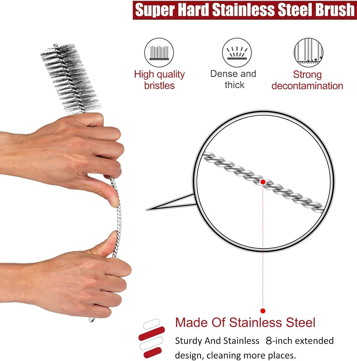 Pipe Cleaning Brush Set Stainless Steel Bristles, Stainless Steel Pipe Brush Steel Bottle Brush 9