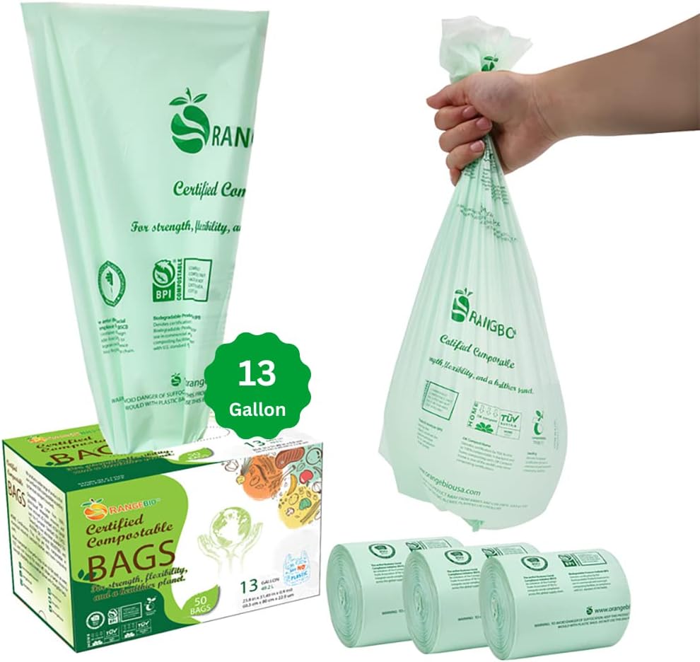 100% Compostable Trash Bags 13 Gallon Tall Kitchen, 100 Count, 0.9 Mil, Kitchen Compost Bags, Large