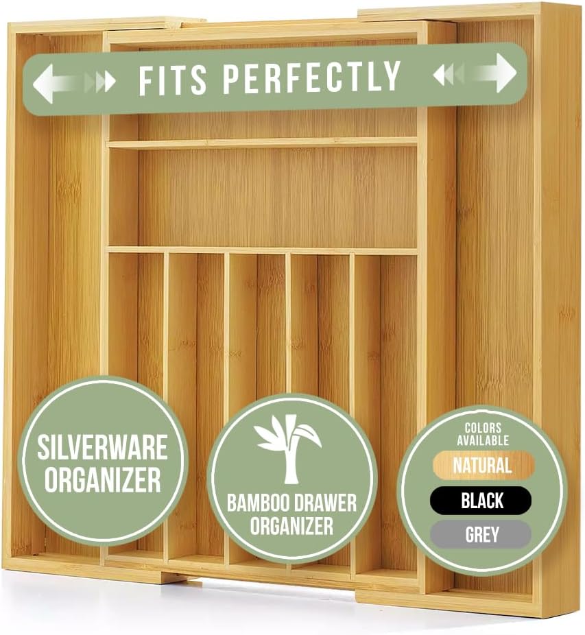 Purawood Bamboo Drawer Organizer - Expandable Silverware Organizer & Utensil Drawer Organizer