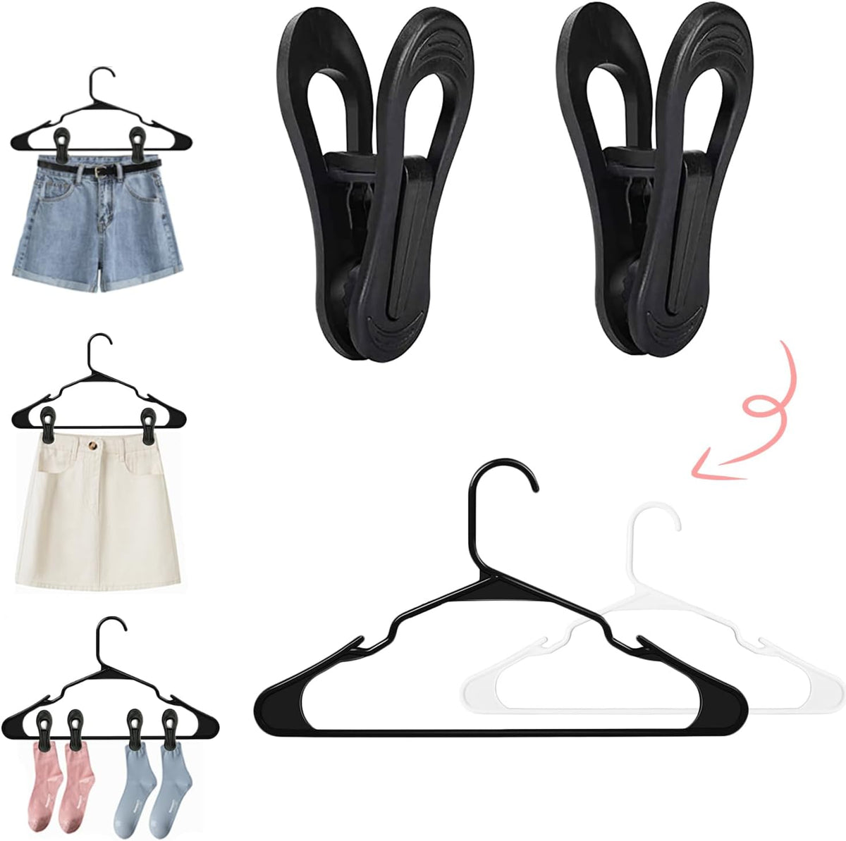 Black Hanger Clips 30 PCS, Plastic Hangers Clips Perfect for Plastic Velvet Hangers, Multi-Purpose