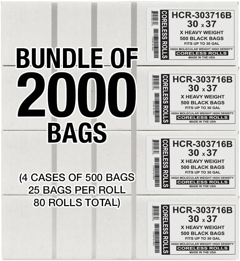 Aluf Plastics High Density Trash Bags, 30 Gallon, 2000 Count, 16 Micron (eq), 30" x 37", Black, for