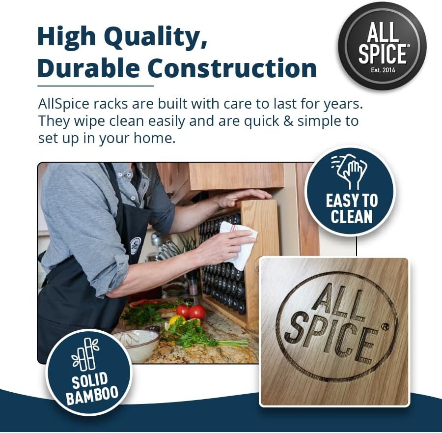 AllSpice Spice Rack Organizer, Wood, 525 Unique Labels, Countertop or Wall Mount, Includes 60 4oz