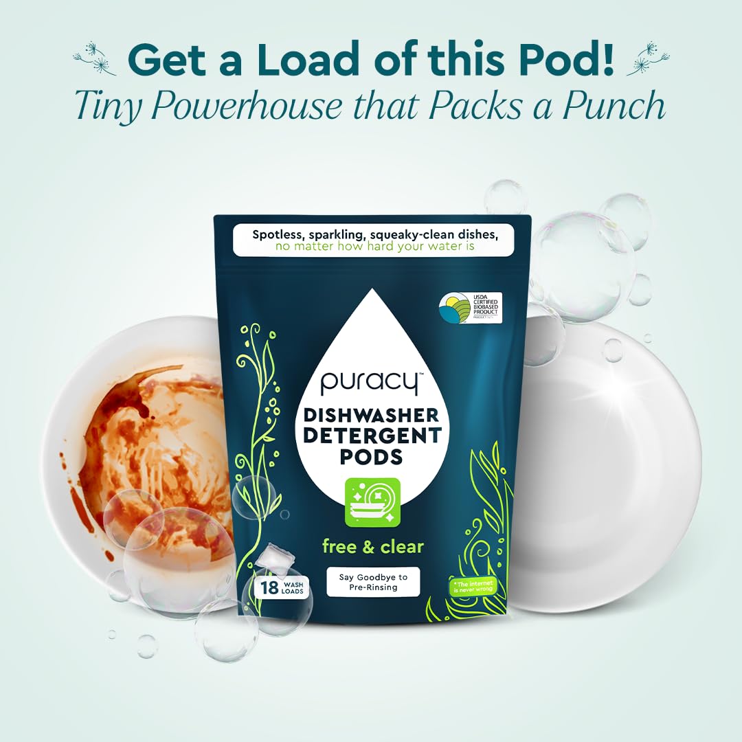 Puracy Dishwasher Pods, Natural Dishwasher Detergent, Free & Clear Dish tabs - Enzyme-Powered, Spot