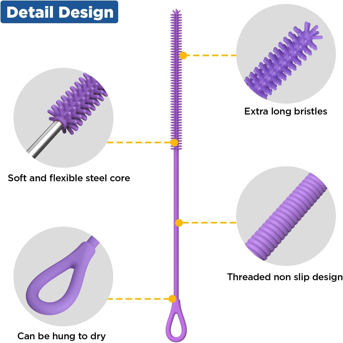 YOTIME Silicone Straw Cleaner Brush, 2Pcs Reusable Straw Brush Extra Long for Cleaning Tumbler with