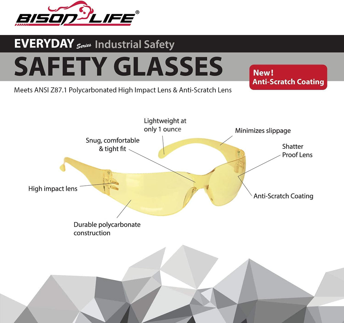 BISON LIFE Safety Glasses - Scratch Resistant Wrap Around Eyewear, Polycarbonate ANSI Z87.1 Impact