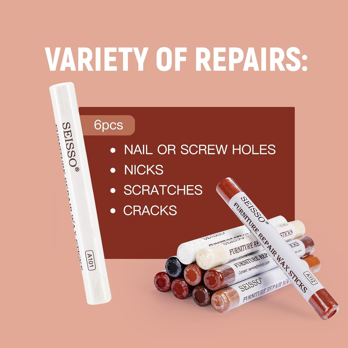 SEISSO Furniture Repair Crayon, 6 Pcs - Wood Filler Sticks, Scratch Repair Wax, Furniture Marking