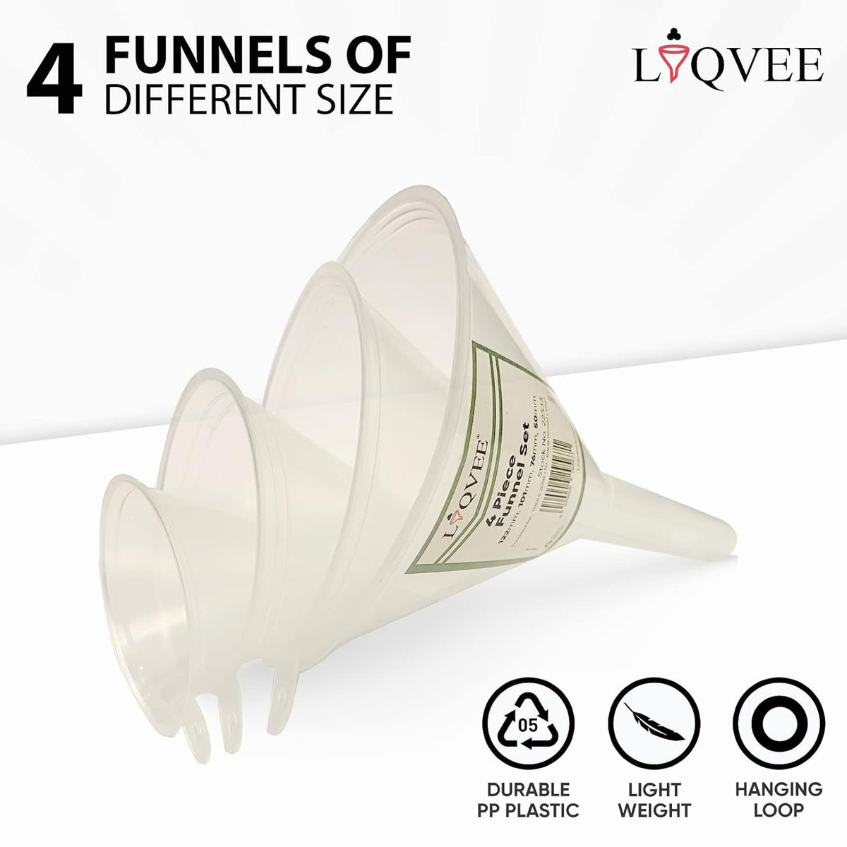 Funnel Set (4 Sizes: 122, 101, 76, 50mm) - Durable, Non-Toxic, Food-Grade Plastic funnels for
