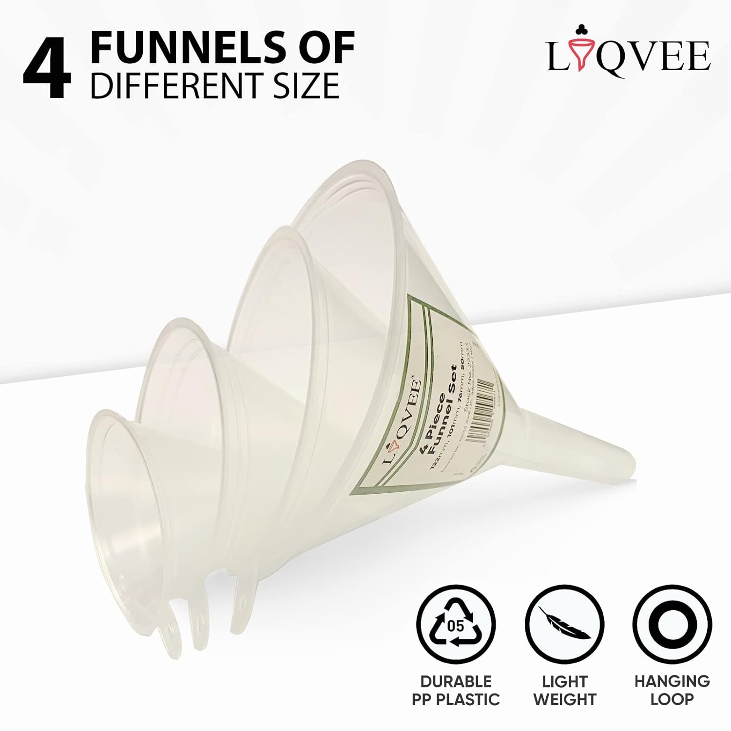 Funnel Set (4 Sizes: 122, 101, 76, 50mm) - Durable, Non-Toxic, Food-Grade Plastic funnels for