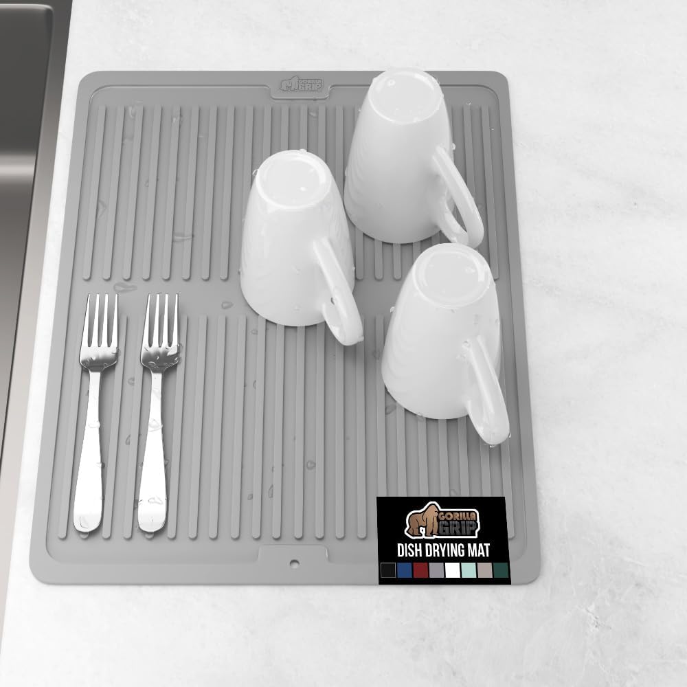 GORILLA GRIP 100% BPA-Free Patented Silicone Dish Drying Mat for Kitchen Counter, Water Catching