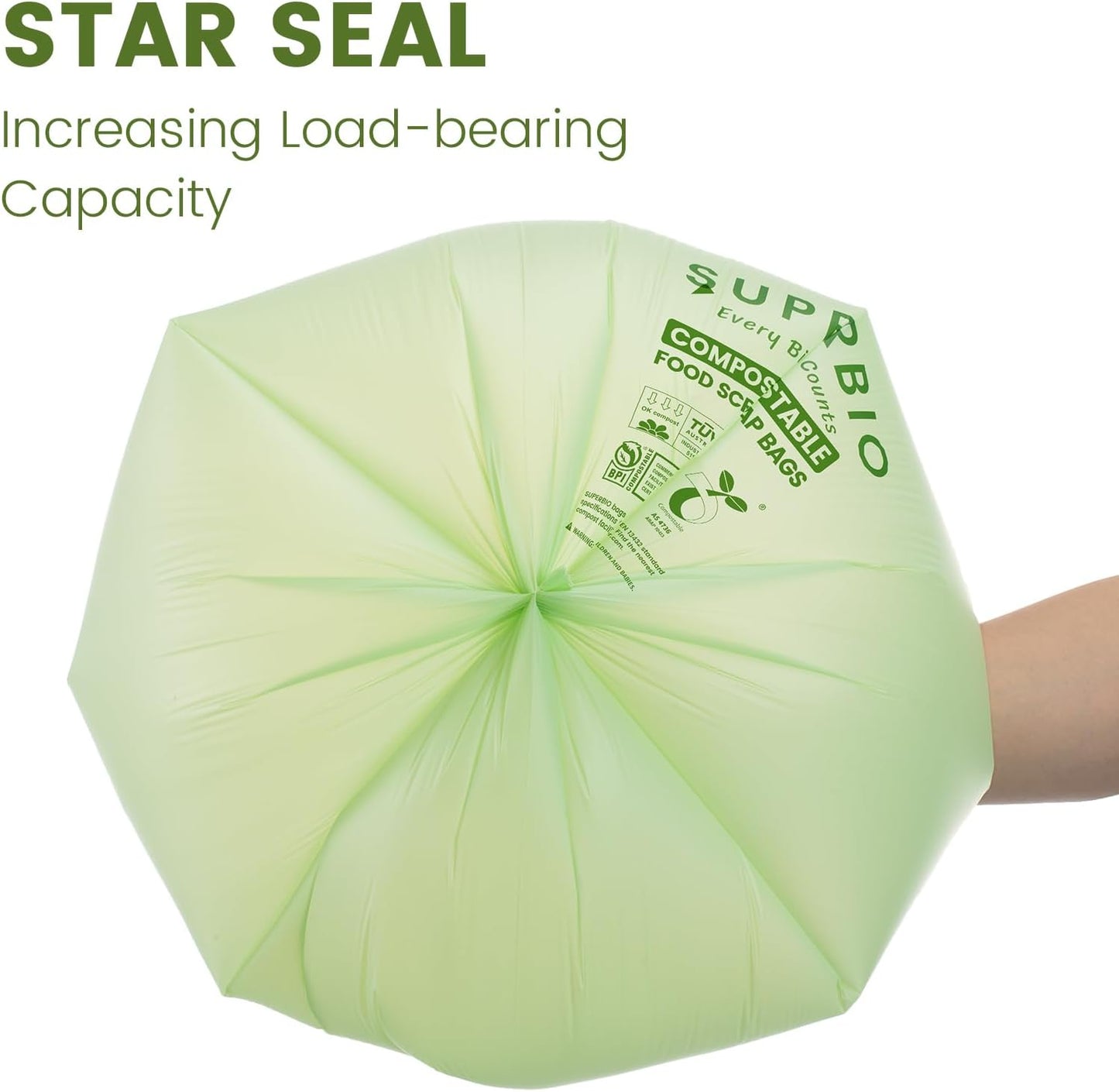 SUPERBIO 1.6 Gallon Handle Tie Compostable Food Scrap Bags, Small Compost Bags with Handles, 50