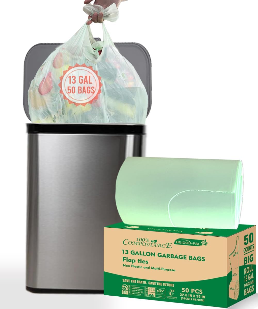 13 Gallon Flap Tie Compostable Trash Bags, 50 Count, Compost Bags Tall Kitchen Trash Bags, Sturdy