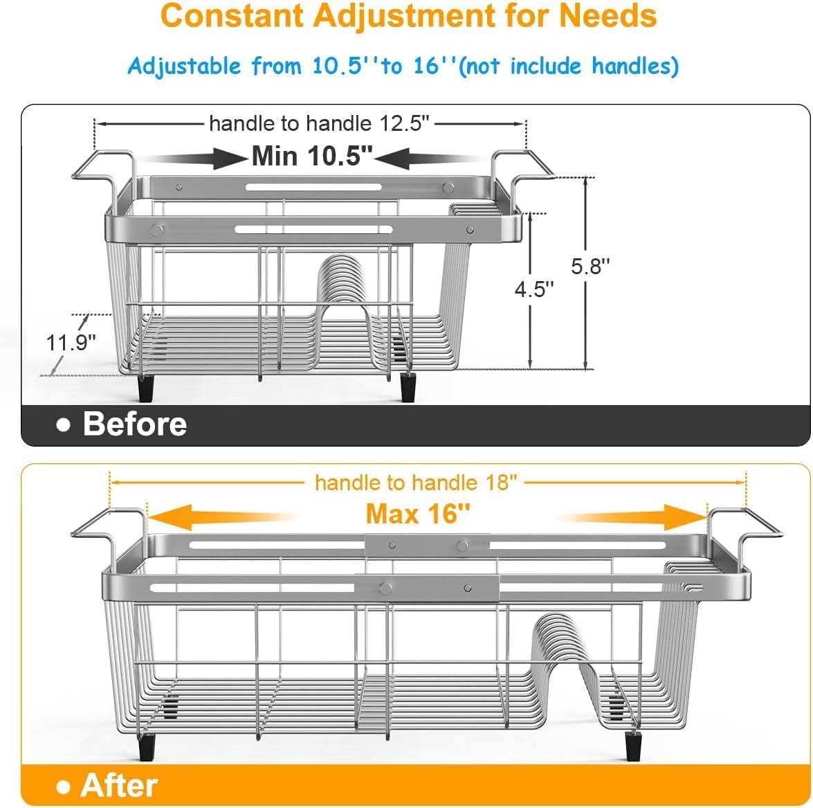 Expandable in Sink Dish Drying Rack, Adjustable Capacity (10.5''-16'') Stainless Steel Over The