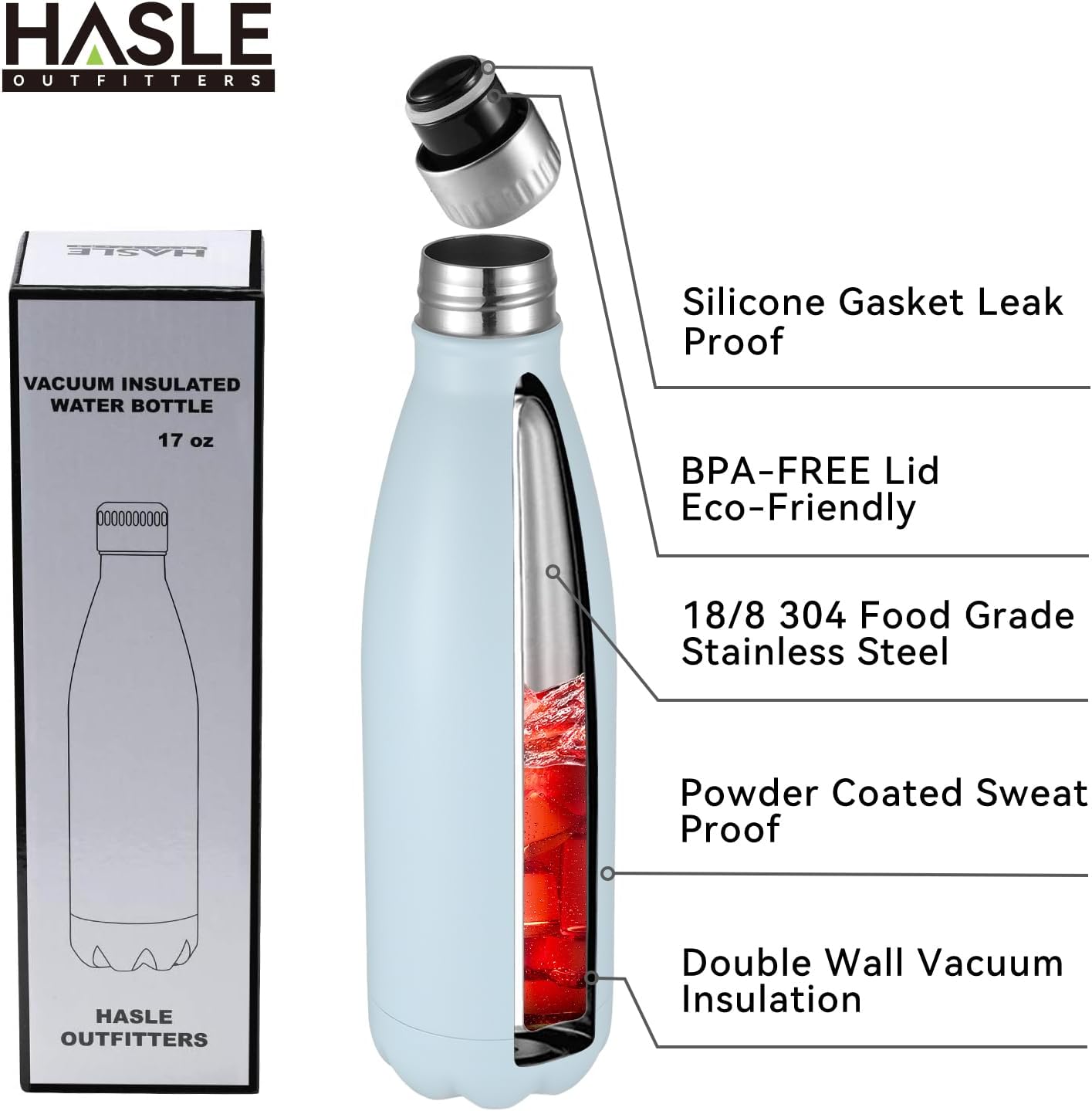 HASLE OUTFITTERS 17oz Stainless Steel Water Bottles Bulk, Vacuum Insulated Water Bottles Double