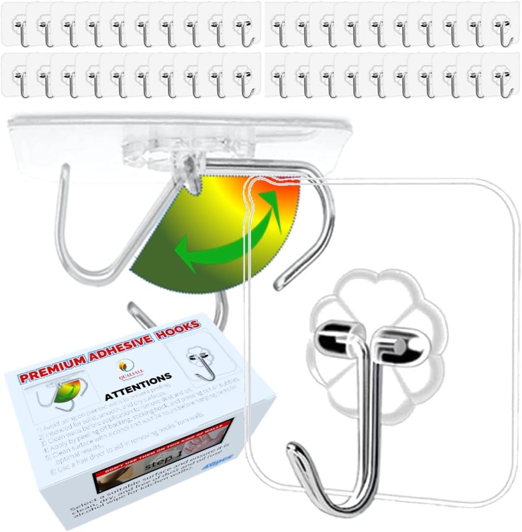 40pcs Heavy Duty Adhesive Hooks for Damage-Free Hanging - Transparent Plastic Hangers for Ceilings