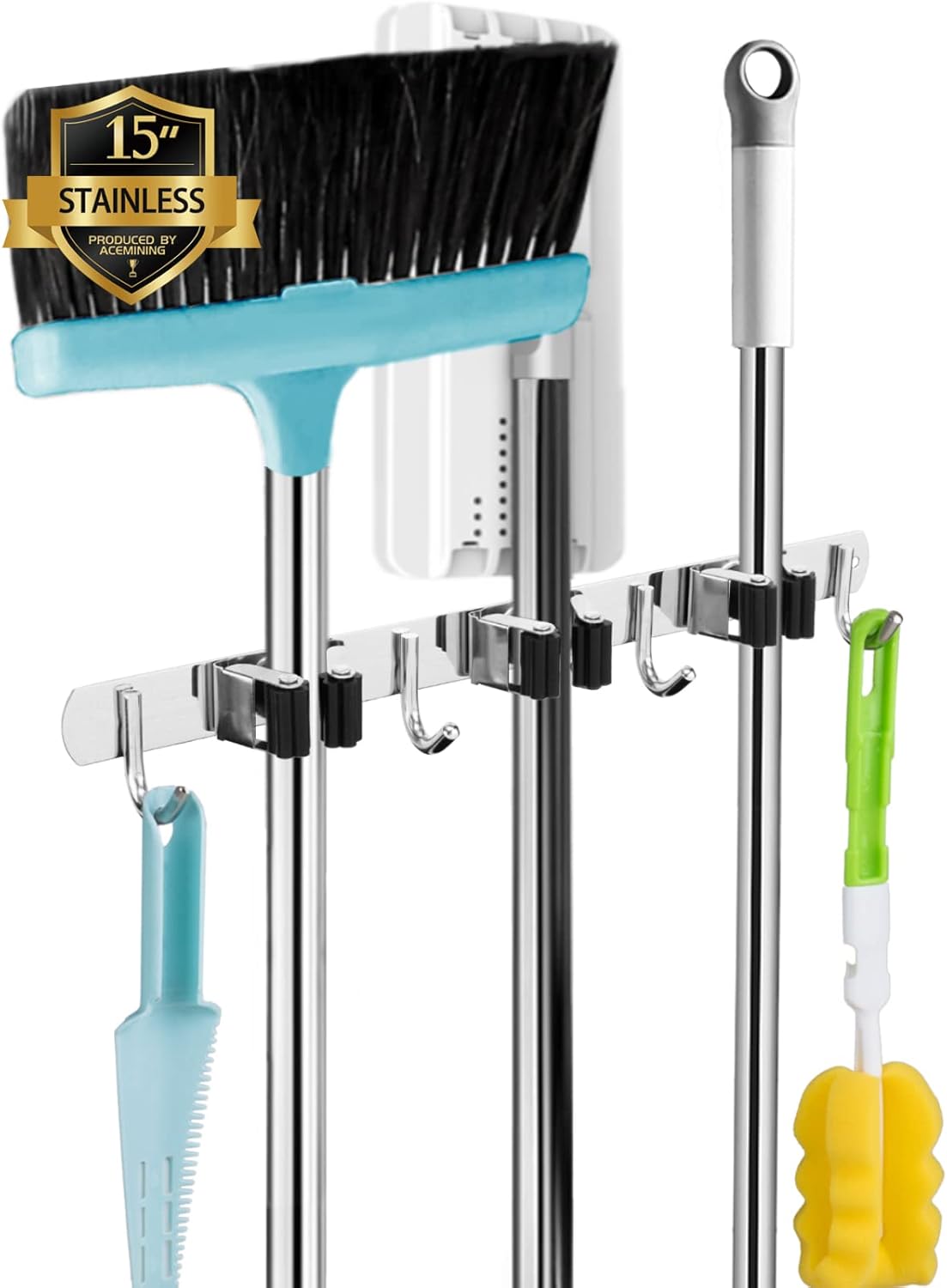 3 Racks and 4 Hooks Broom and Mop Holder Wall Mounted Garage Organizer Storage Tool Racks Stainless