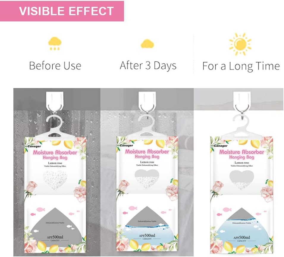 CANAGER Hanging Moisture Absorber, Lemon Rose Moistureproof Hanging Bag，Dehumidifier Bag (8 packs)