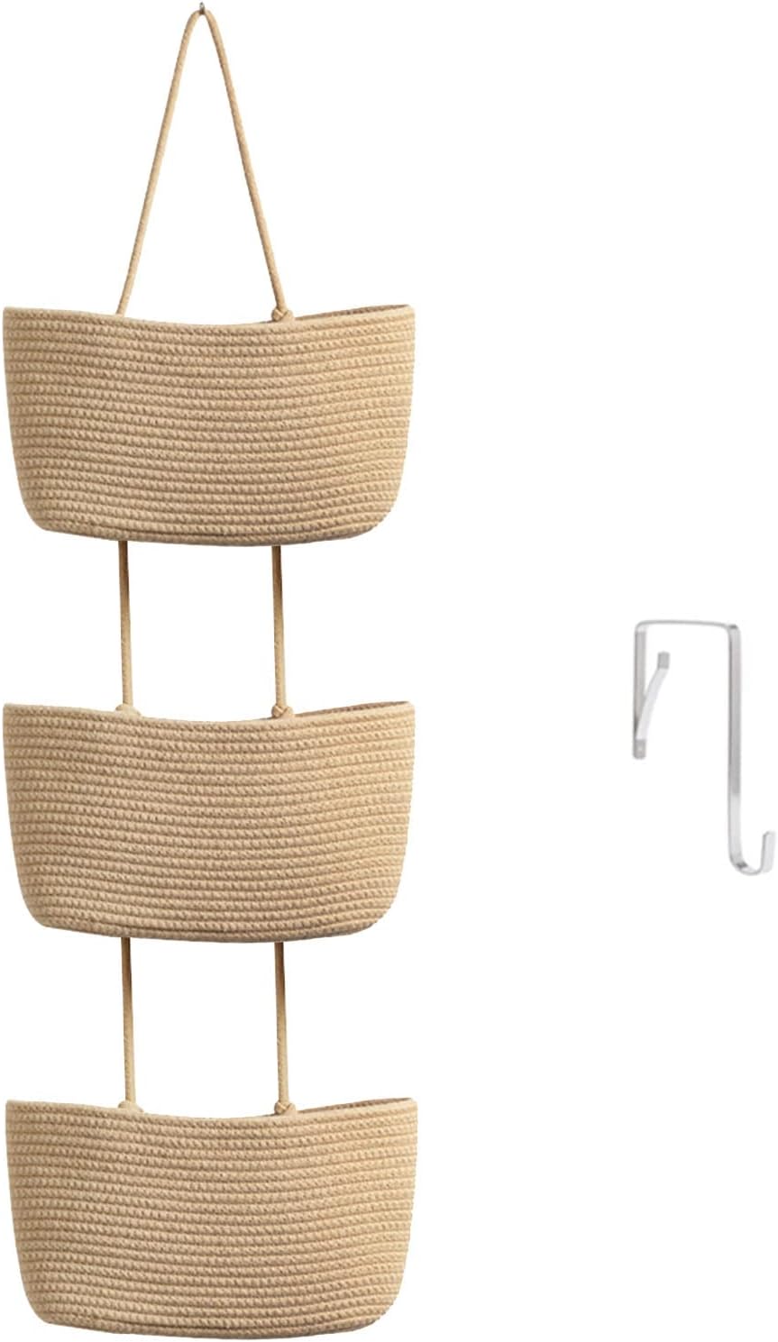TeoKJ Over the Door Hanging Basket, 3-Tier Woven Cotton Wall-Mounted Storage Organizer Bag