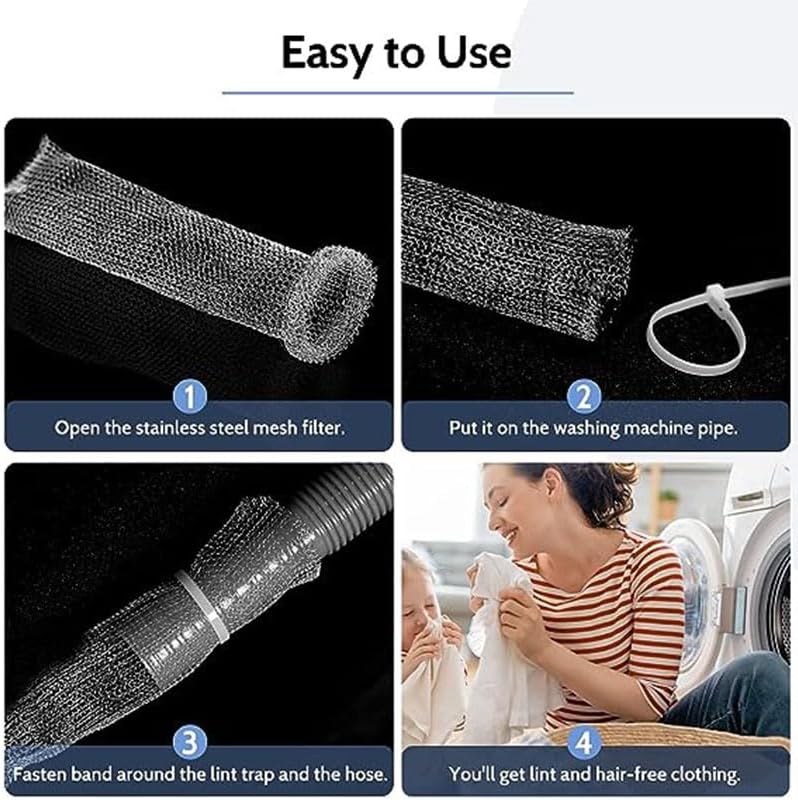 Stainless Steel Lint Traps for Washing Machine Drain Hose – Mesh Filter with Cable Ties for Laundry