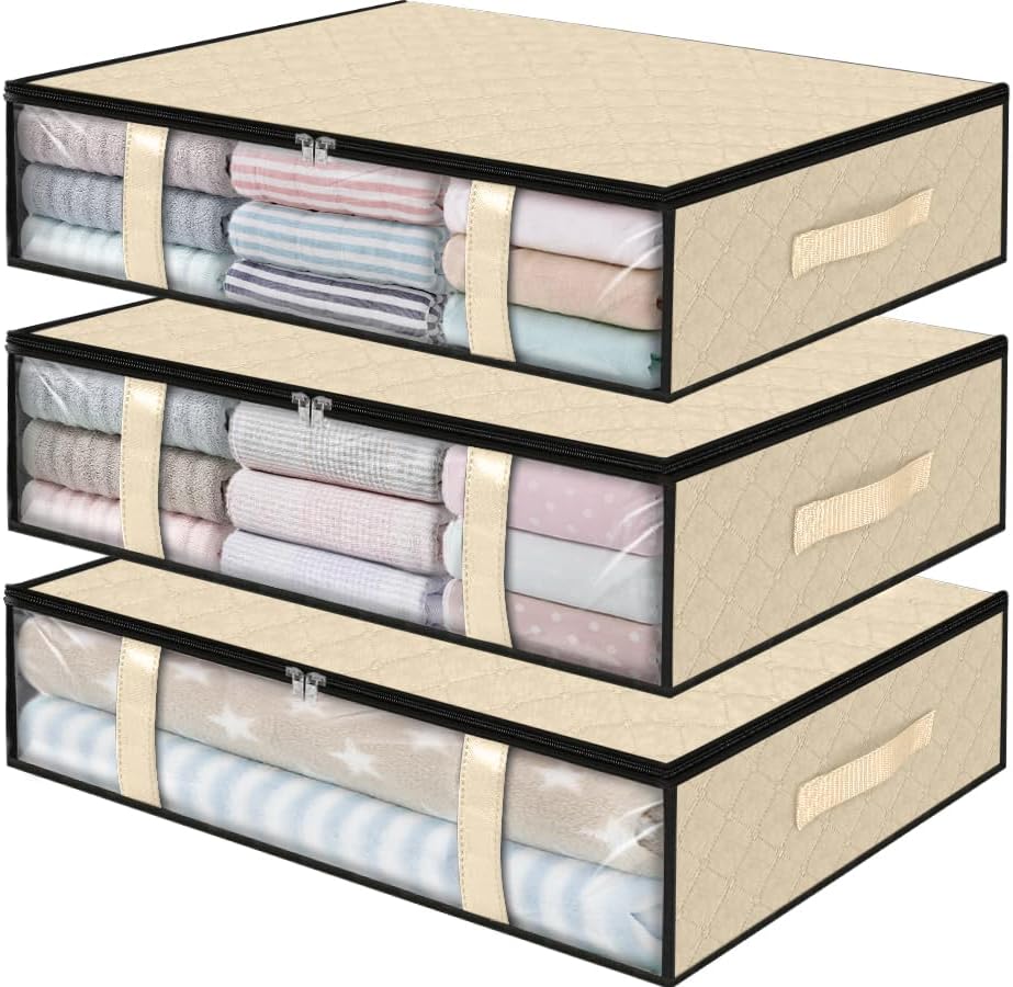 StorageRight Under Bed Storage Bins, 3-Pack 40L Foldable Fabric Storage Bags with Transparent