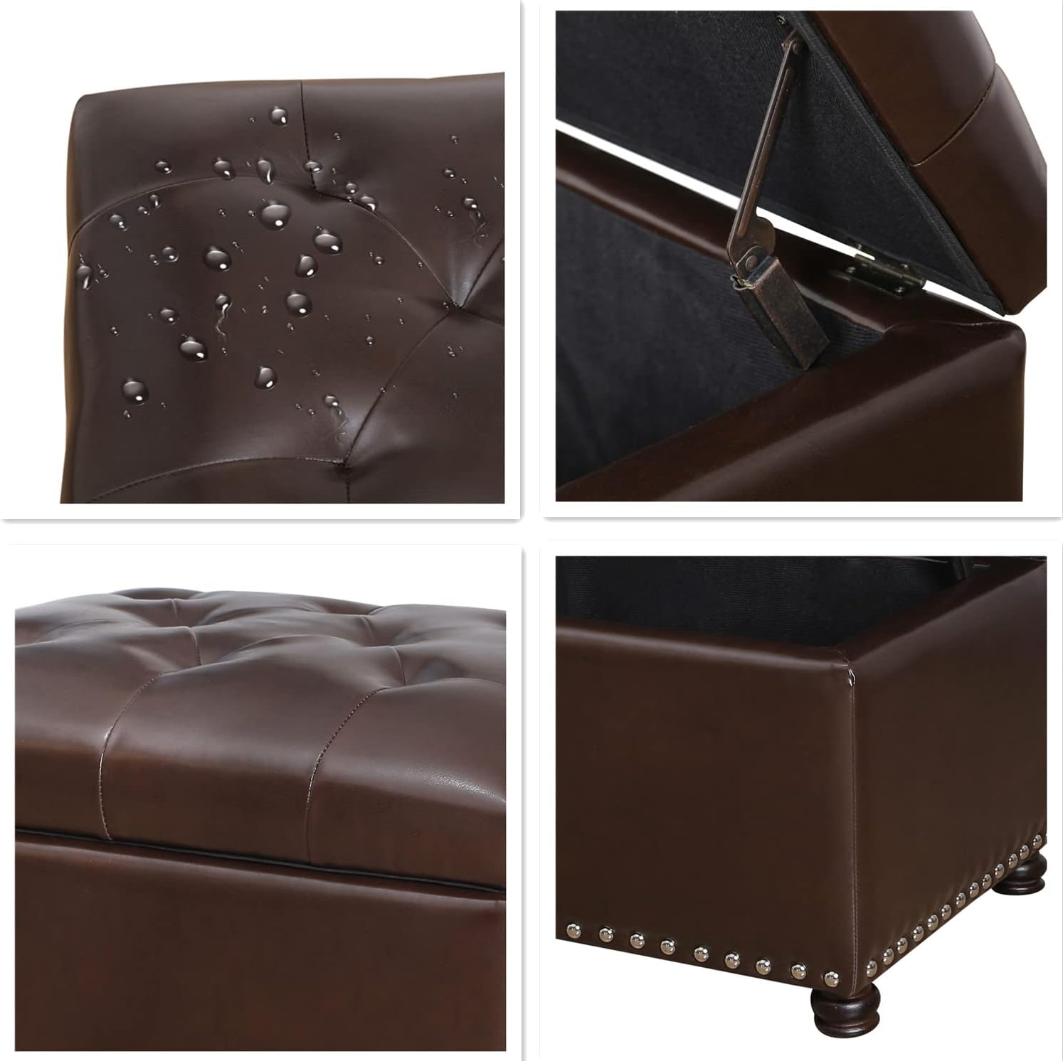 24'' Leather Storage Ottoman Rectangular Foot Rest Stool with Nailhead Trim for Bedroom Living