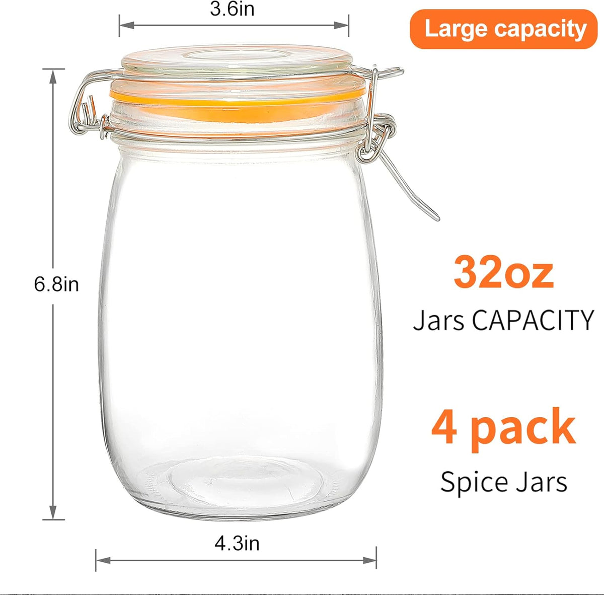 DANALLAN Wide Mouth Mason Jars, 4Pcs 32 oz Glass Jars with Airtight Lid Large Mason Canning Jars