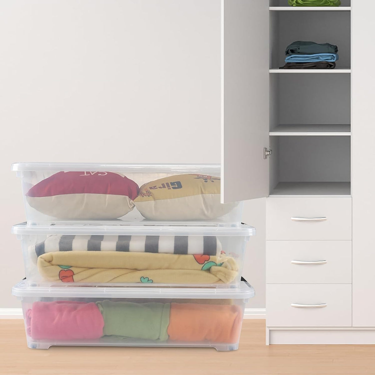 50 Quart Clear Plastic Under Bed Storage Bin with Lid, Underbed Storage Container with Wheels