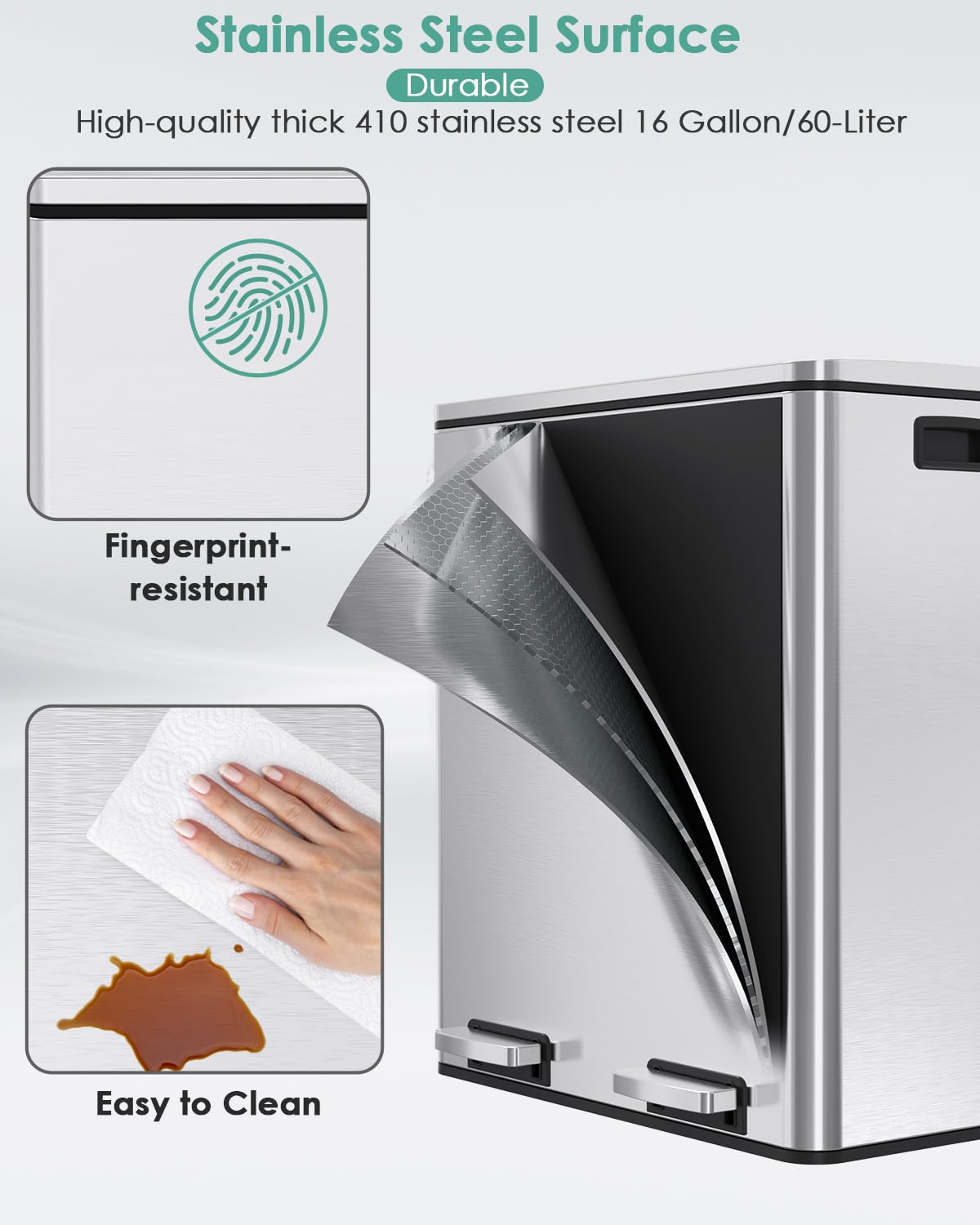 AthLike 60L(16 Gal) Dual Trash Can, Stainless Steel Kitchen Garbage Can, Double Compartment