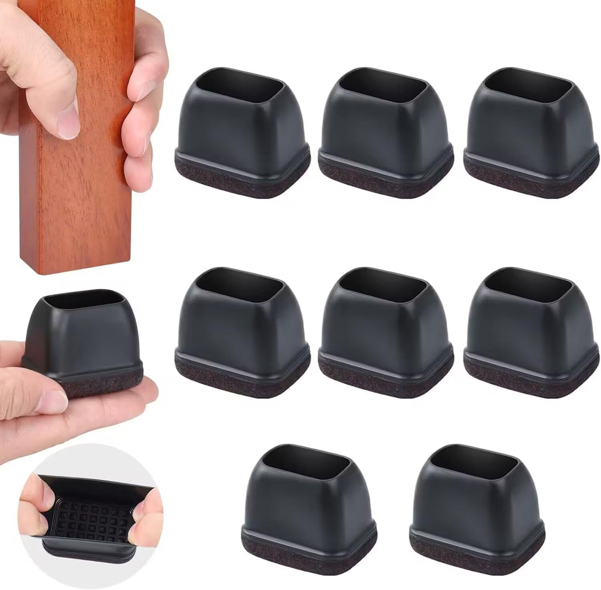 Ezprotekt 8 Pcs Rectangle Black Silicone Chair Leg Floor Protectors with Felt, Rectangle Chair Leg